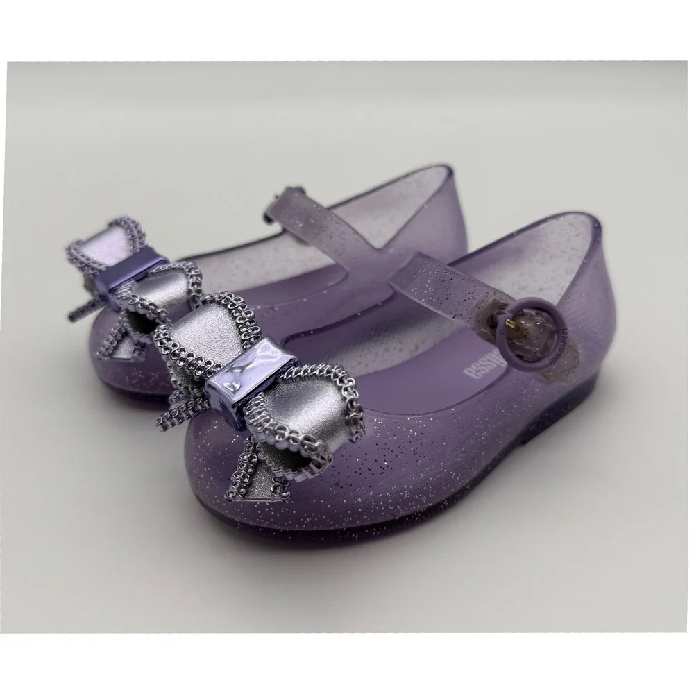 Mini Melissa Kids Ultragirl Purple Glitter Jelly Flats Metallic Bow Shoes Size 7